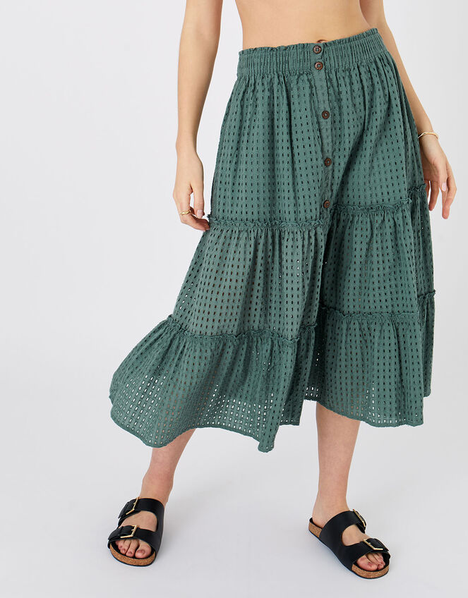 Tiered Broderie Skirt, Green (KHAKI), large