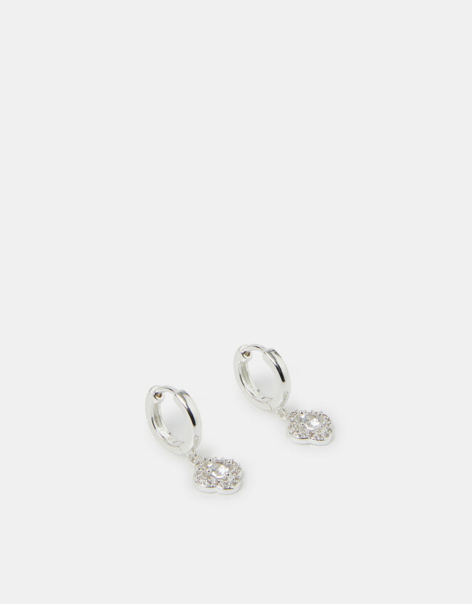 Sterling Silver-Plated Clover Drop Hoop Earrings, , large