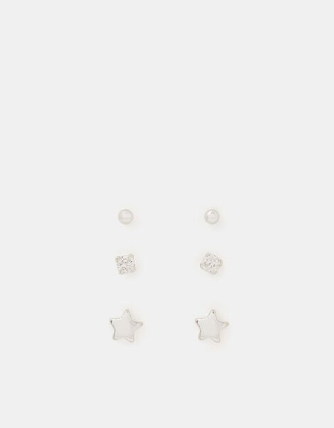 3-Pack Sterling Silver Star Stud Earrings, , large