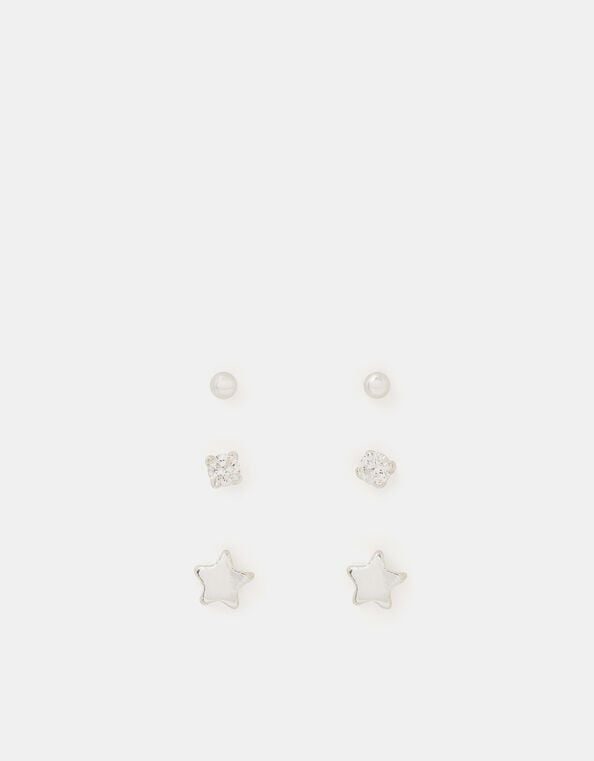 3-Pack Sterling Silver Star Stud Earrings, , large