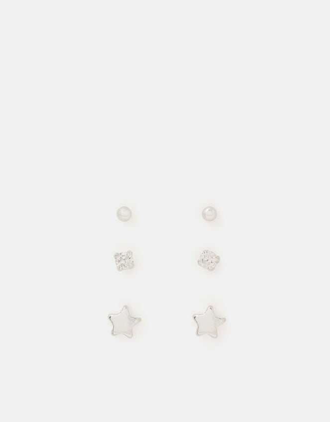 3-Pack Sterling Silver Star Stud Earrings, , large