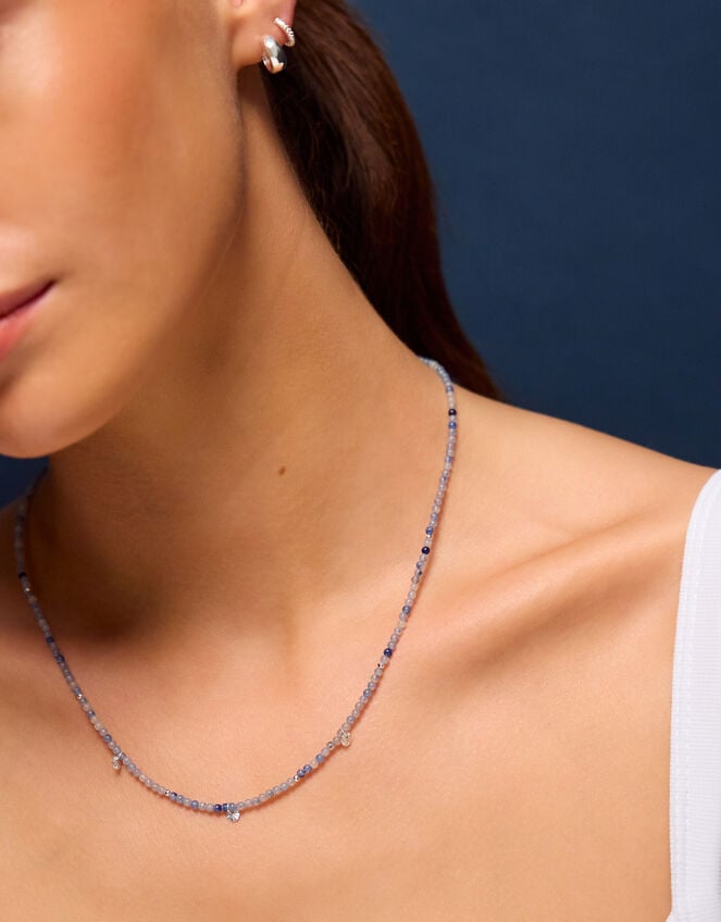 Sterling Silver-Plated Blue Aventurine Beaded Necklace, , large