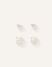 Sterling Silver-Plated Sparkle Earrings Set of Two, , large