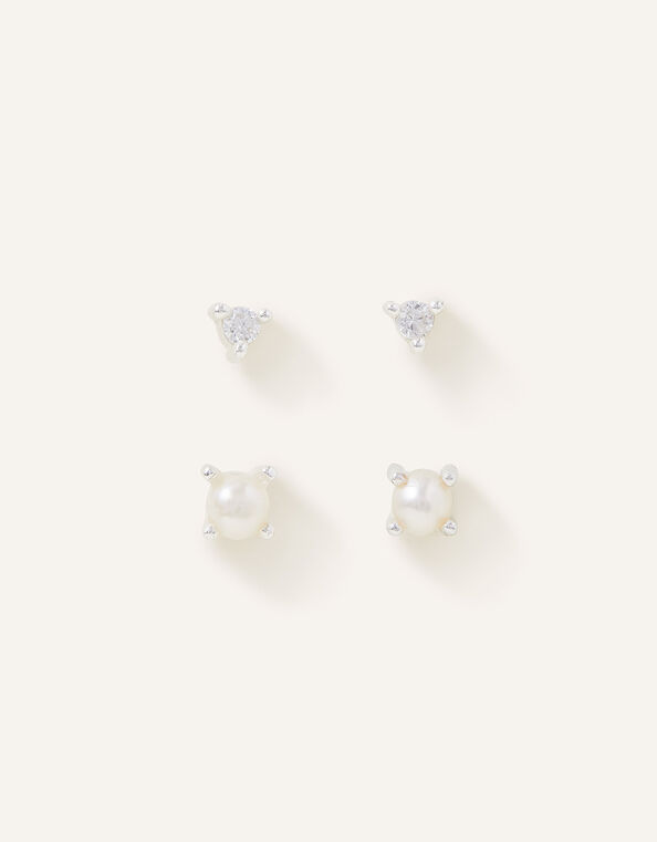 Sterling Silver-Plated Sparkle Earrings Set of Two, , large