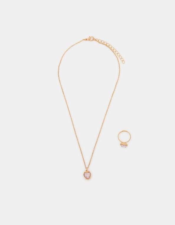 Girls Heart Gem Necklace & Ring Set, , large