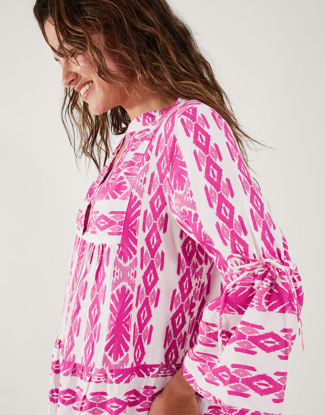 Print Jacquard Flute Sleeve Dress with Sustainable Cotton Pink Beach