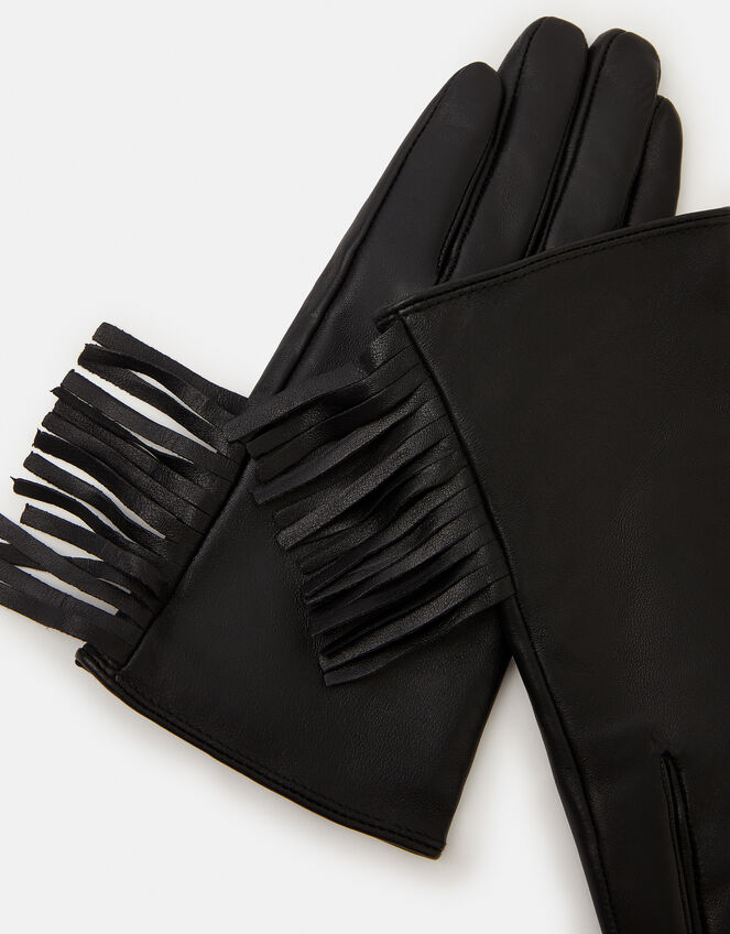 Fringe Leather Gloves, Black (BLACK), large