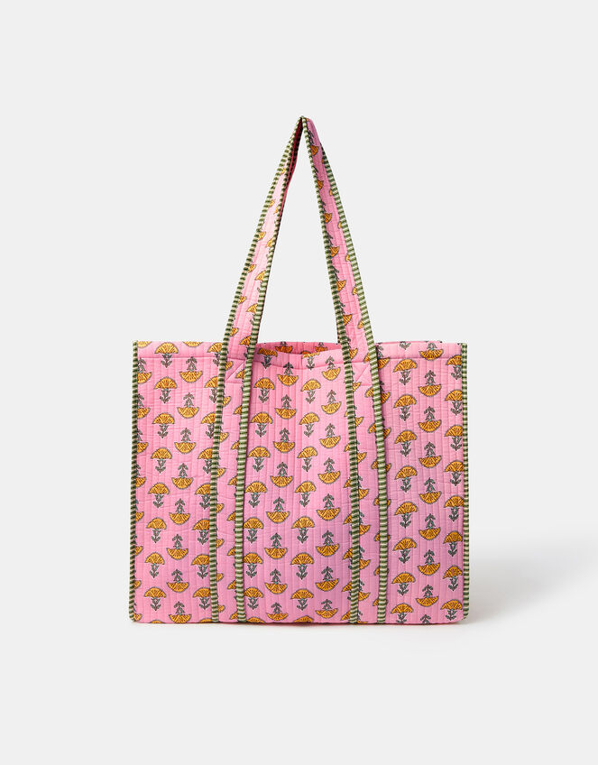 Floral Block Print Quilted Tote Bag, , large