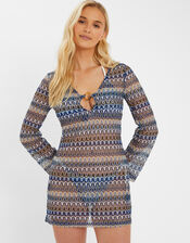Sheer Stitch Beach Cover-Up Mini Dress, Blue (BLUE), large