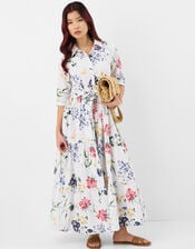 Floral Print Belted Maxi Dress, Ivory (IVORY), large