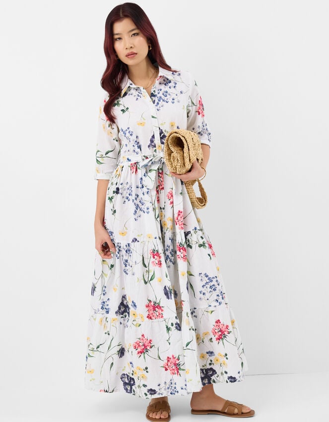 Floral Print Belted Maxi Dress, Ivory (IVORY), large