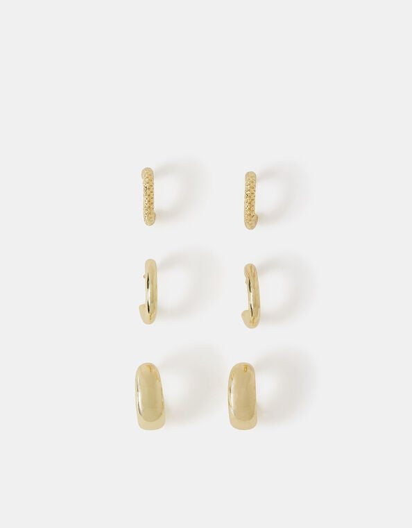 3-Pack 14ct Gold-Plated Chunky Huggie Hoop Earrings, , large