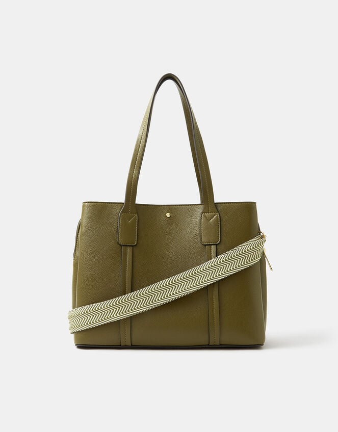 Webbing Strap Faux Leather Shoulder Bag, Green (OLIVE), large