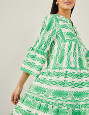 Print Jacquard Flute Sleeve Dress, Green (GREEN), large