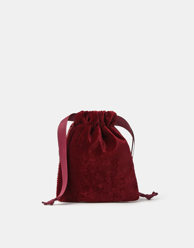 Embellished Bow Velvet Drawstring Bag, , large