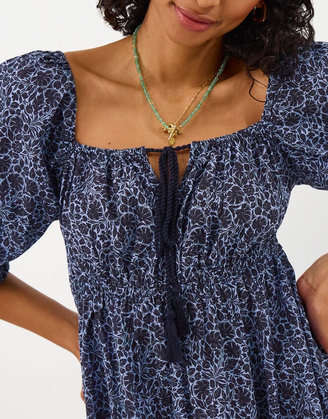 Floral Print Puff Sleeve Mini Dress, Blue (BLUE), large