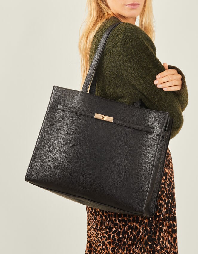 Metal Twist Lock Tote Bag, Black (BLACK), large