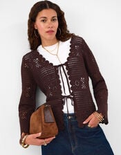 Crochet Tie Front Cardigan , Brown (BROWN), large