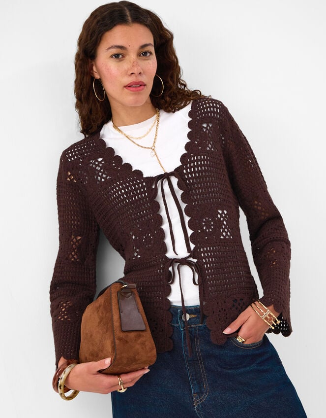 Crochet Tie Front Cardigan , Brown (BROWN), large