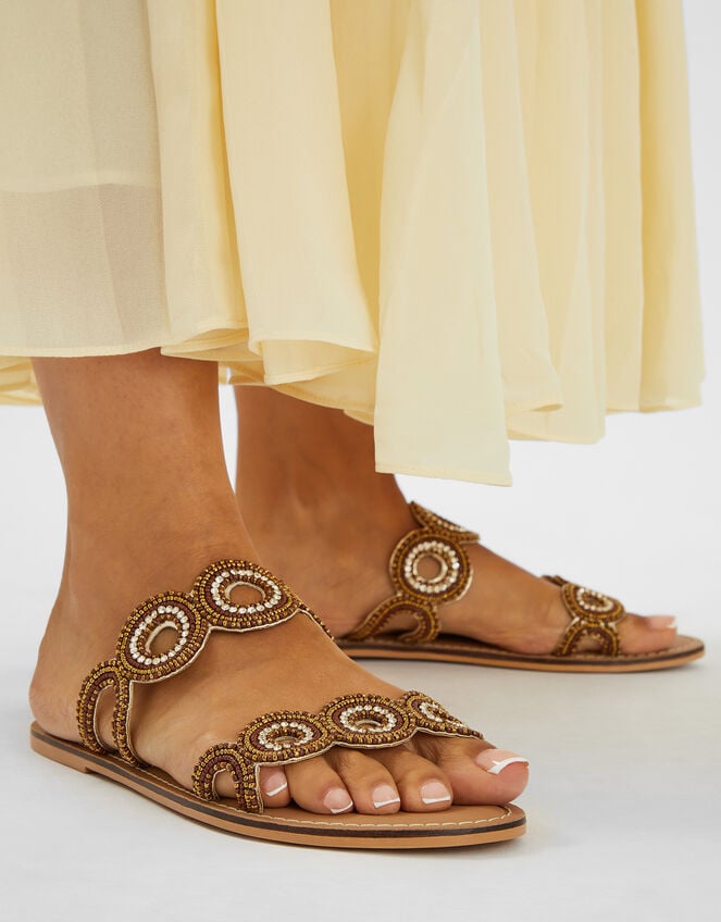 Beaded Circle Strap Sandals, Brown (BROWN), large