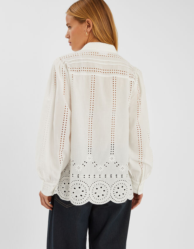 Long Sleeve Broderie Shirt, White (WHITE), large