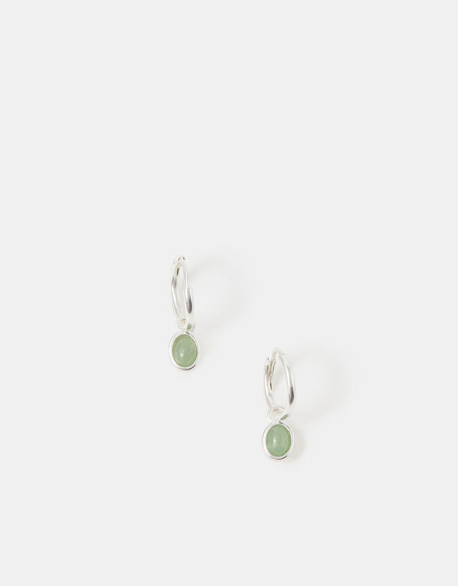 Sterling Silver Healing Stone Hoop Earrings, Green (GREEN), large