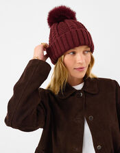 Faux Fur Pom Beanie Hat, Red (BURGUNDY), large