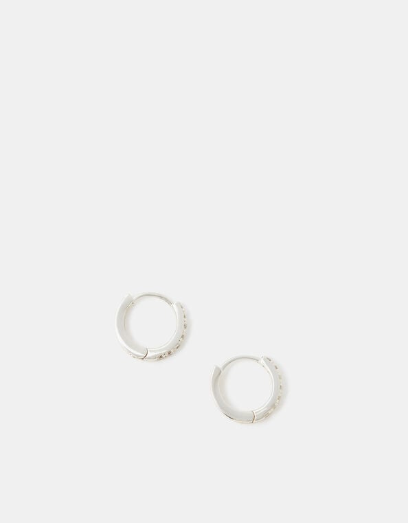 Sterling Silver Pav&eacute; Huggie Hoop Earrings, , large