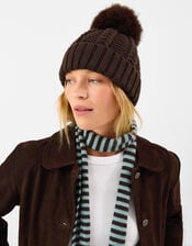 Faux Fur Pom Beanie Hat, Brown (CHOCOLATE), large