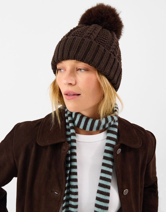 Faux Fur Pom Beanie Hat, Brown (CHOCOLATE), large