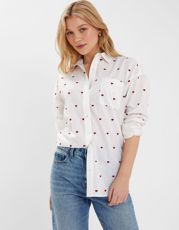 Heart Embroidered Long Sleeve Shirt, Red (RED), large