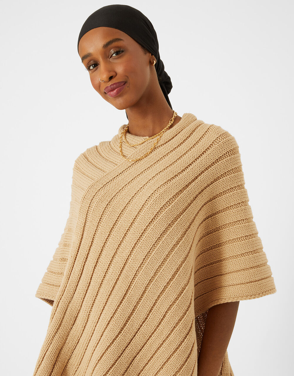 Rachel Ribbed Knit Poncho Camel Blanket scarves Accessorize Global