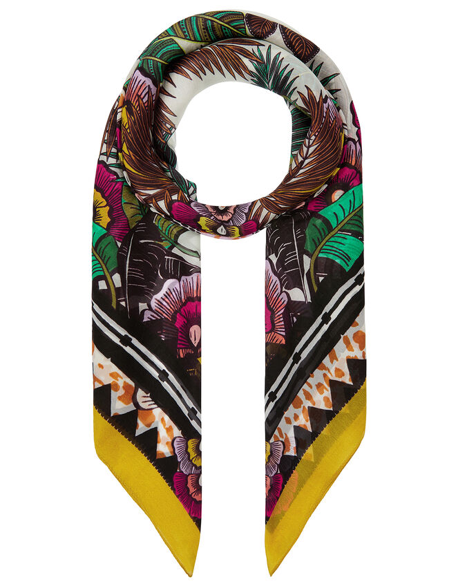 Flower and Pattern Square Scarf in Pure Silk, , large