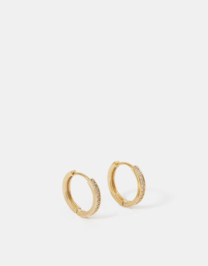 14ct Gold-Plated Pav&eacute; Huggie Hoop Earrings, , large