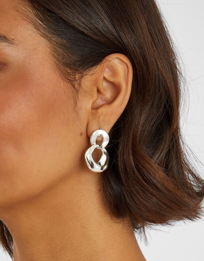 Sterling Silver-Plated Molten Hoop Drop Earring, , large