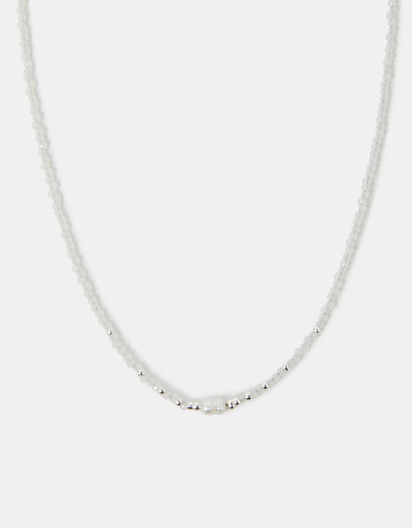 Sterling Silver-Plated Pearl Beaded Necklace, White (WHITE), large
