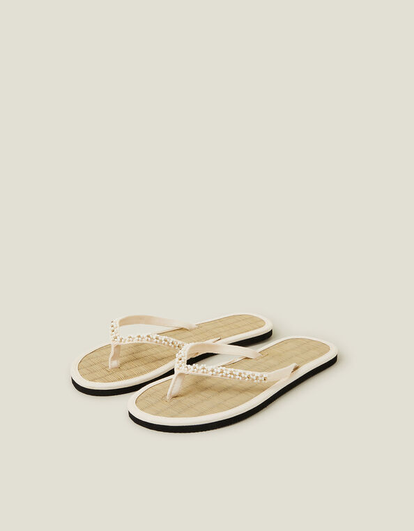 Beaded Daisy Seagrass Flip Flops, Cream (CREAM), large