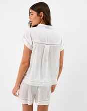 Lace Trim Linen Blend Shirt , White (WHITE), large