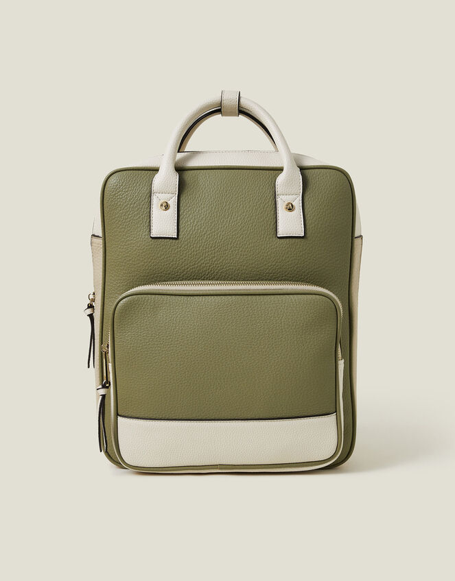 Two-Tone Top Handle Faux Leather Backpack, , large