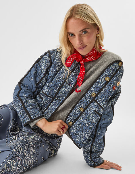 Bandana Print Quilted Jacket, Blue (BLUE), large