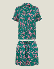 Bow Print Satin Short Pyjamas Set, Teal (TEAL), large