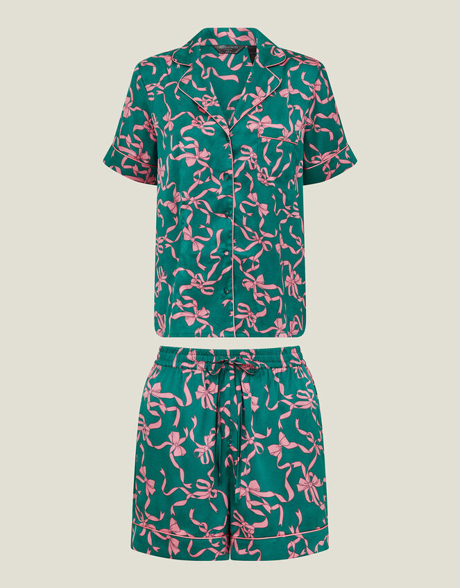 Bow Print Satin Short Pyjamas Set, Teal (TEAL), large