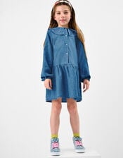 Girls Long Sleeve Denim Dress, Blue (BLUE), large