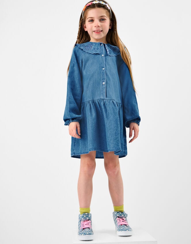 Girls Long Sleeve Denim Dress, Blue (BLUE), large