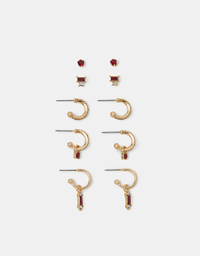 5-Pack Gemstone Stud & Hoop Earrings, Red (BURGUNDY), large
