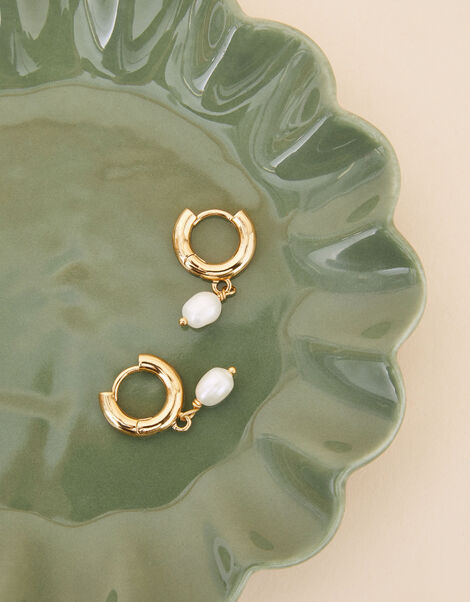 14ct Gold-Plated Chunky Small Pearl Hoops, , large