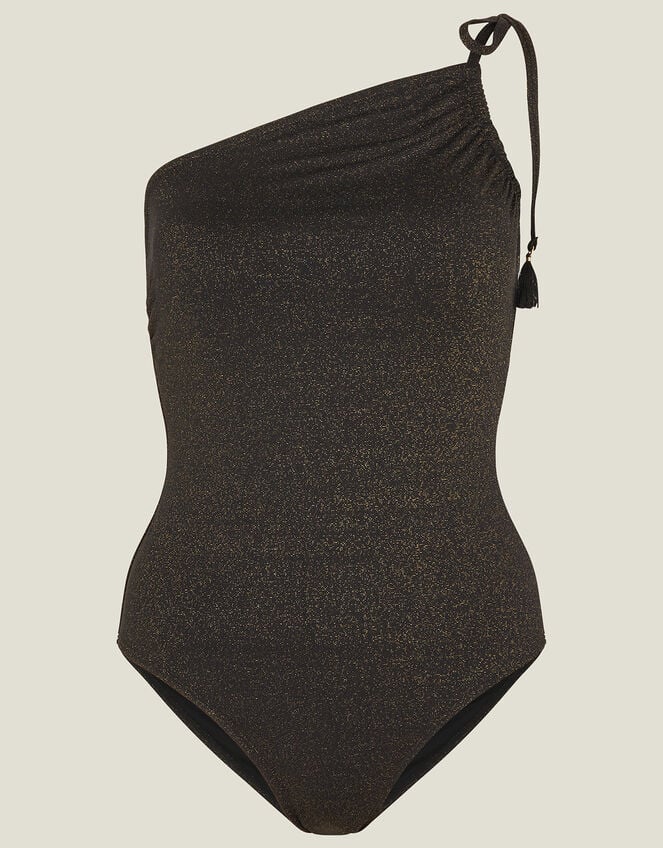 One Shoulder Shimmer Swimsuit, Black (BLACK), large