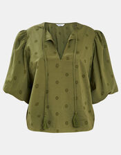 Puff Sleeve Cotton Blouse, Green (KHAKI), large