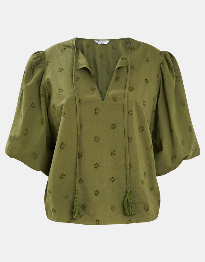 Puff Sleeve Cotton Blouse, Green (KHAKI), large