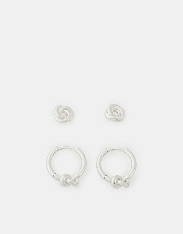 2-Pack Sterling Silver-Plated Knot Hoop Earrings, , large